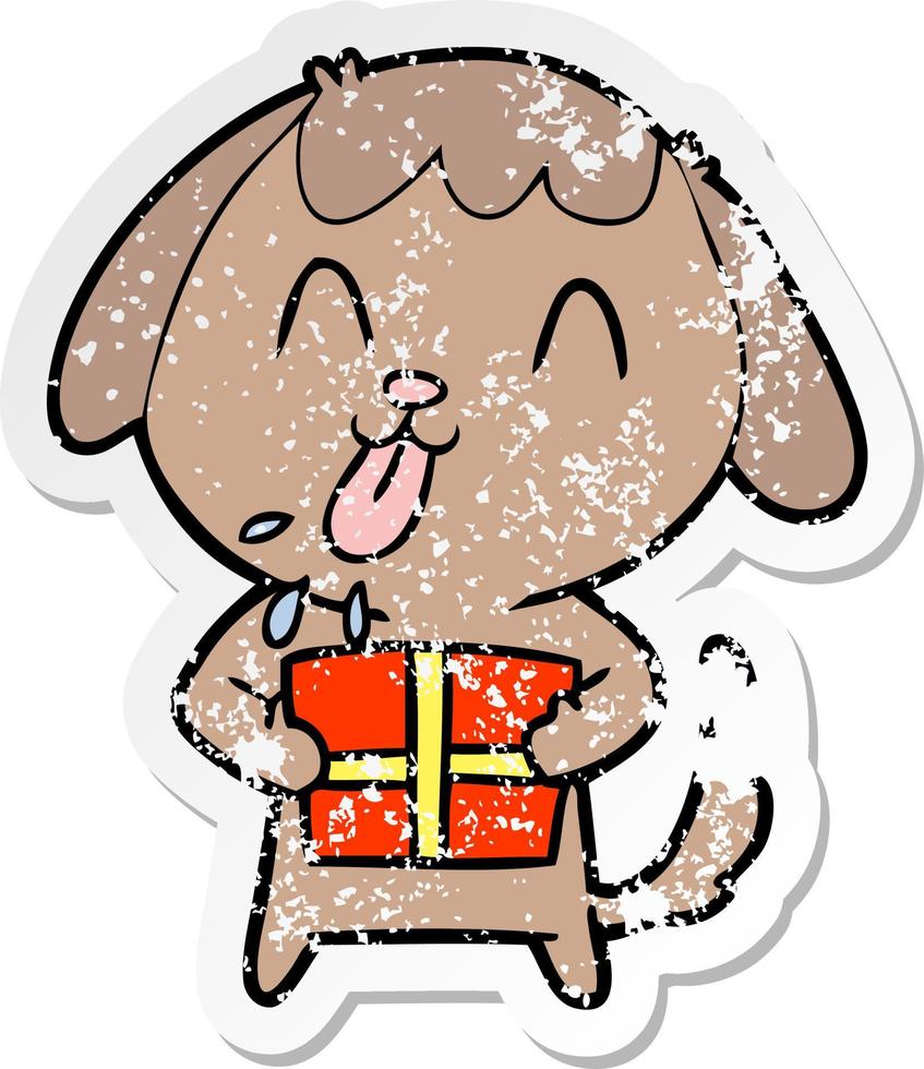 distressed sticker of a cute cartoon dog with christmas present vector