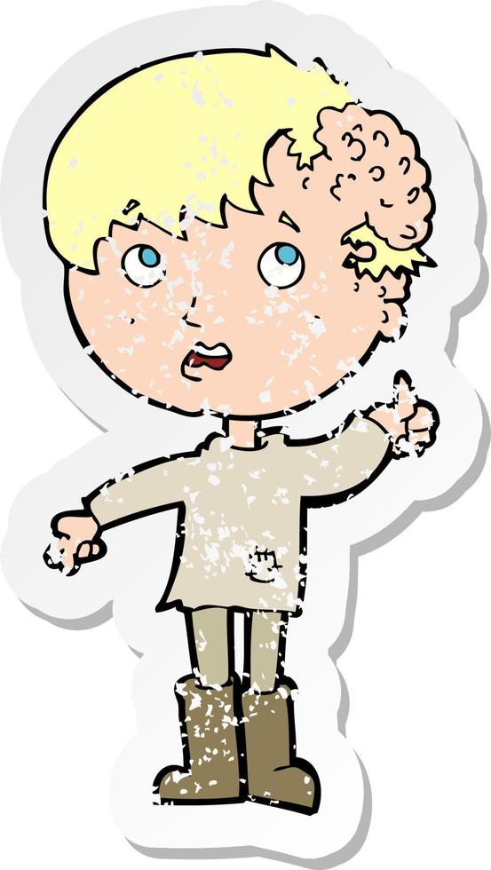 retro distressed sticker of a cartoon boy with growth on head vector