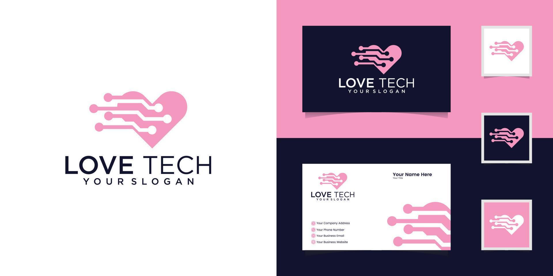 tech love logo design template and business card vector