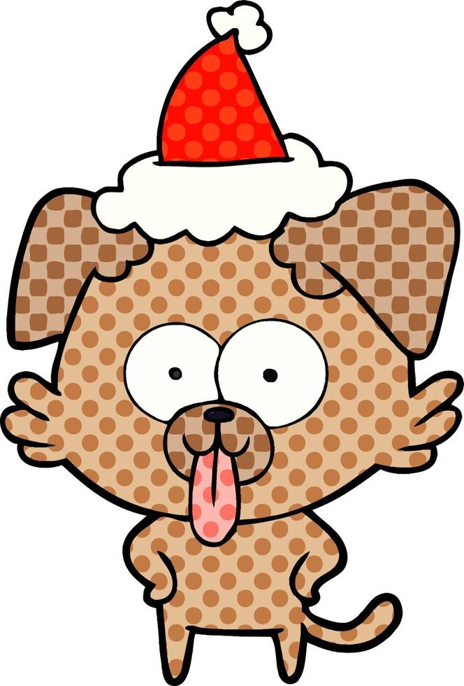 Ilustración al estilo de un libro de historietas de un perro con la lengua fuera con gorro de Papá Noel vector