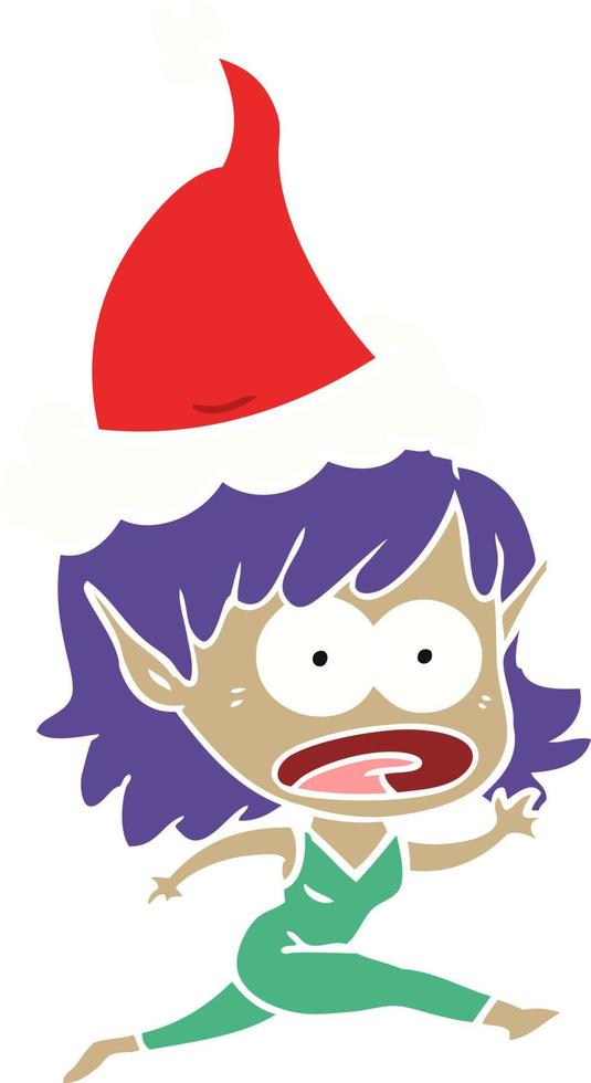 flat color illustration of a shocked elf girl wearing santa hat vector