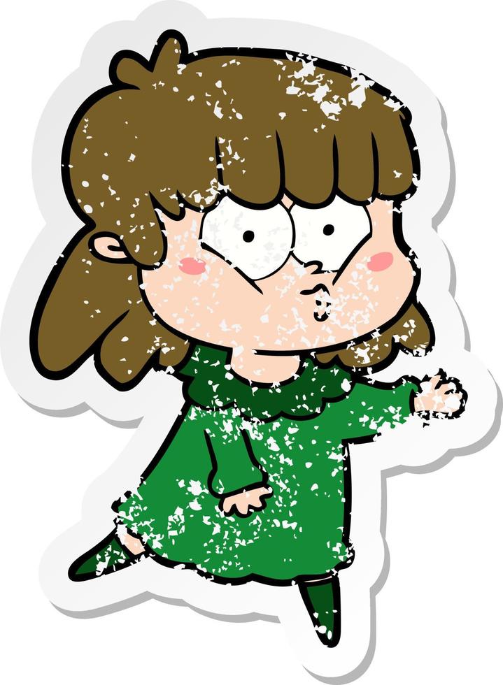 distressed sticker of a cartoon whistling girl vector