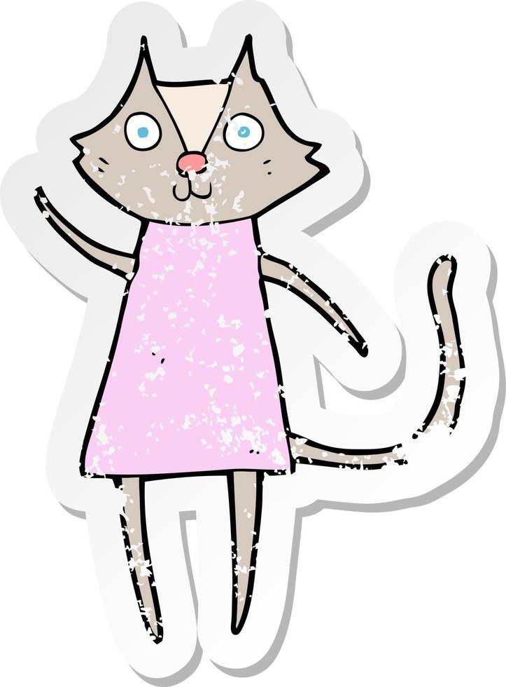 retro distressed sticker of a cute cartoon cat waving vector