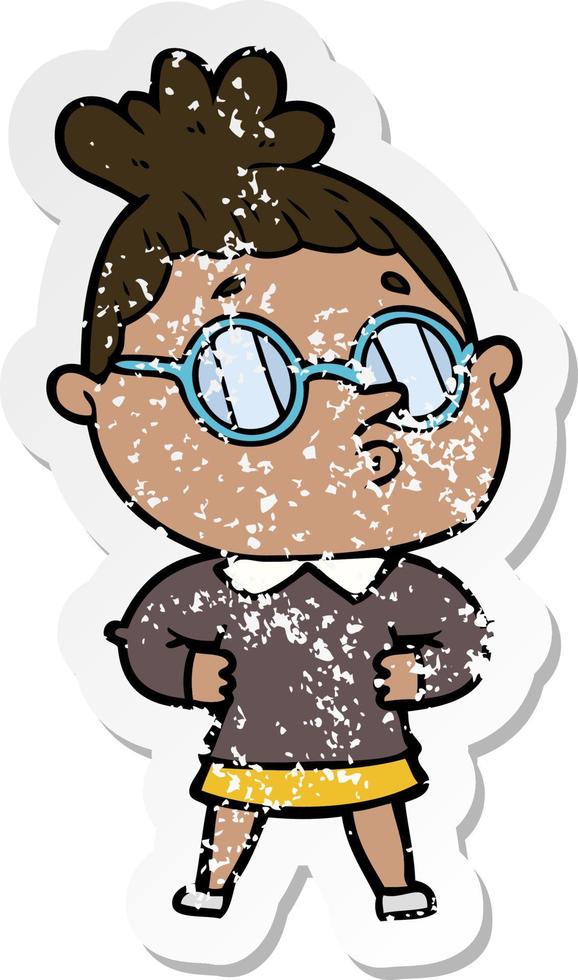 distressed sticker of a cartoon woman wearing glasses vector