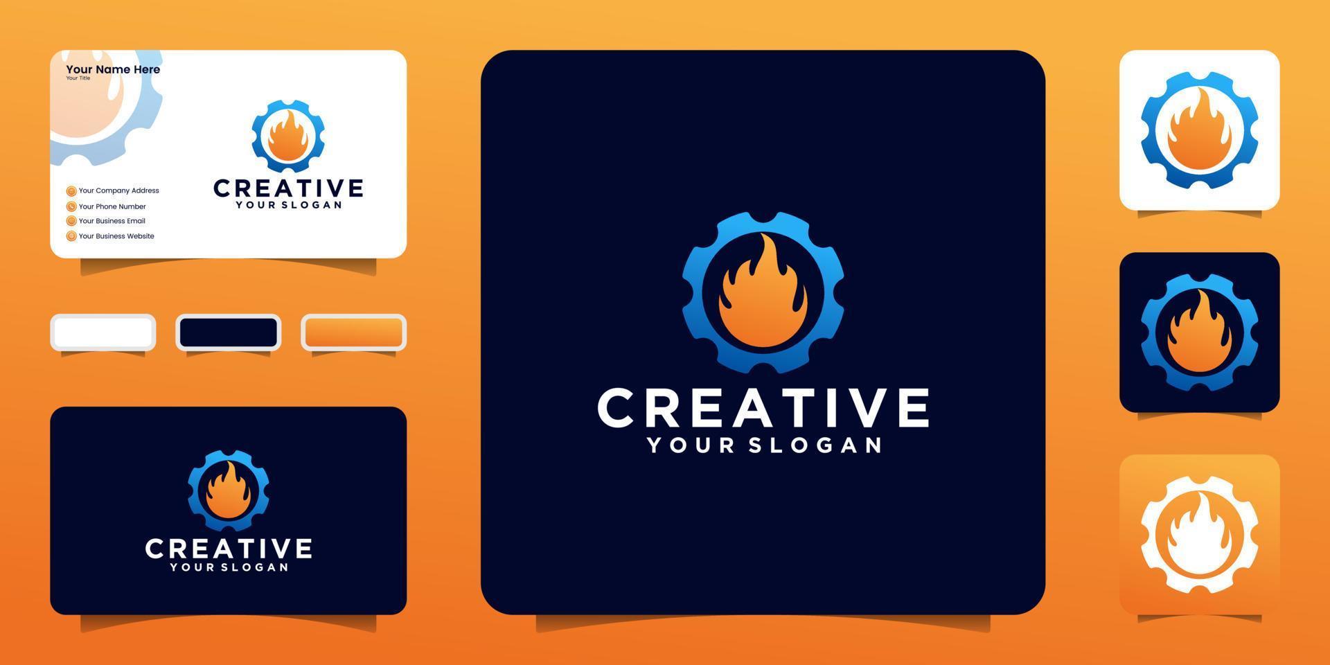 heating and cooling repair logo with gear and fire concept design and business card vector