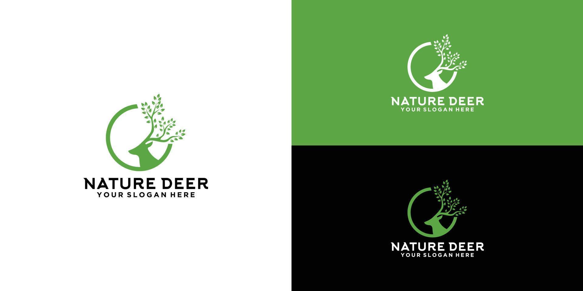 deer with tree antlers and leaves logo and business card design vector