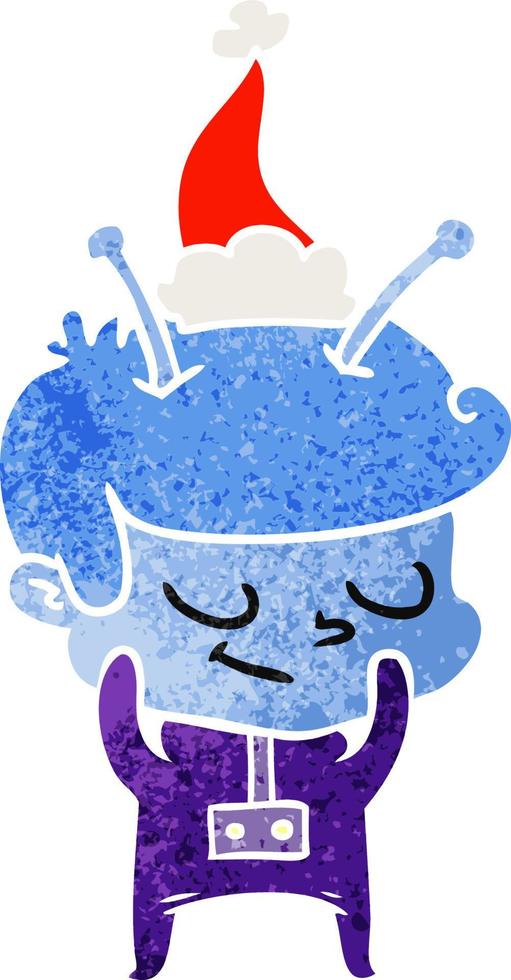 shy retro cartoon of a spaceman wearing santa hat vector