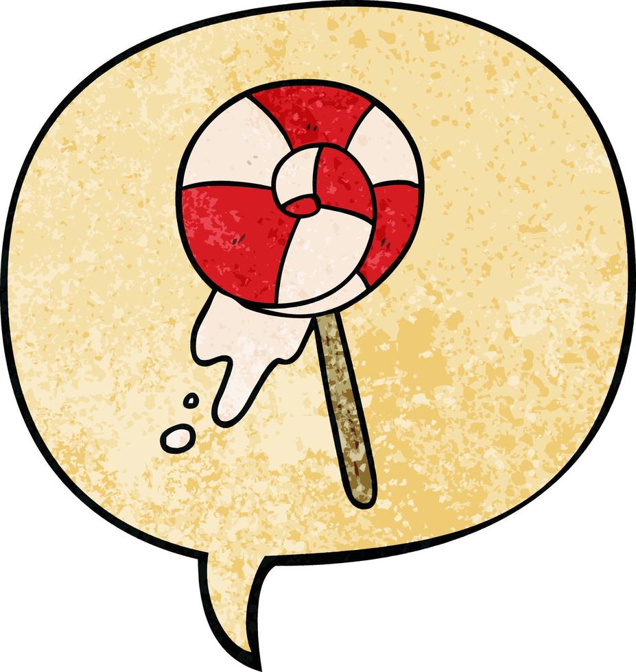 cartoon traditional lollipop and speech bubble in retro texture style vector