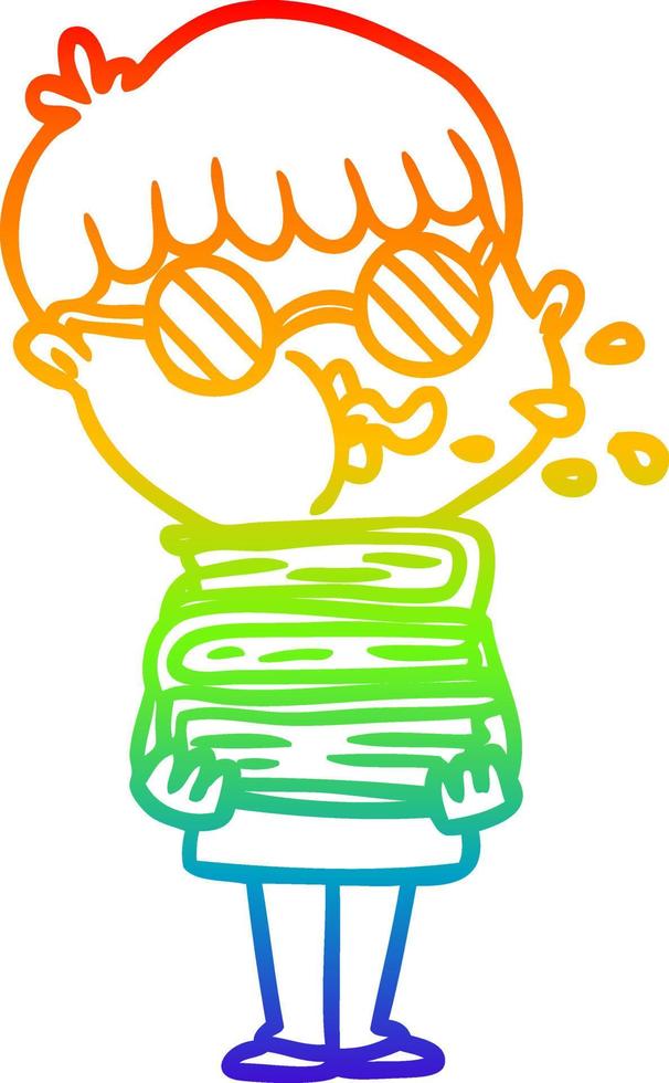 rainbow gradient line drawing cartoon boy wearing dark glasses carrying books vector