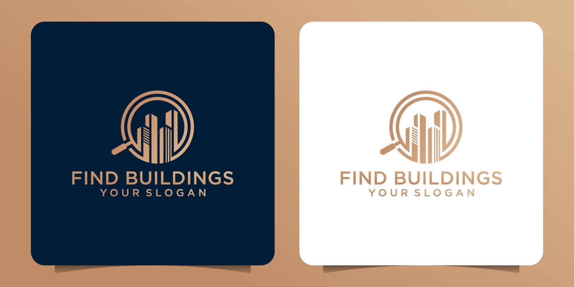 Magnifying glass logo design combined with the building. Can be used for home search app logos, or real estate logos, or tech logos. vector