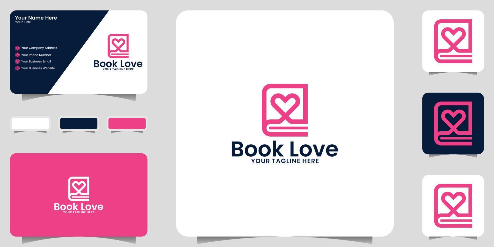 book and heart logo design in line and business card style vector