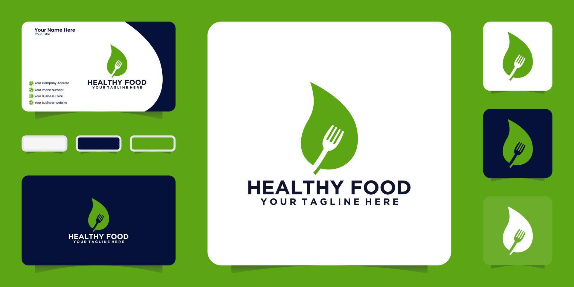 healthy food logo design inspiration, leaf and fork with business card vector