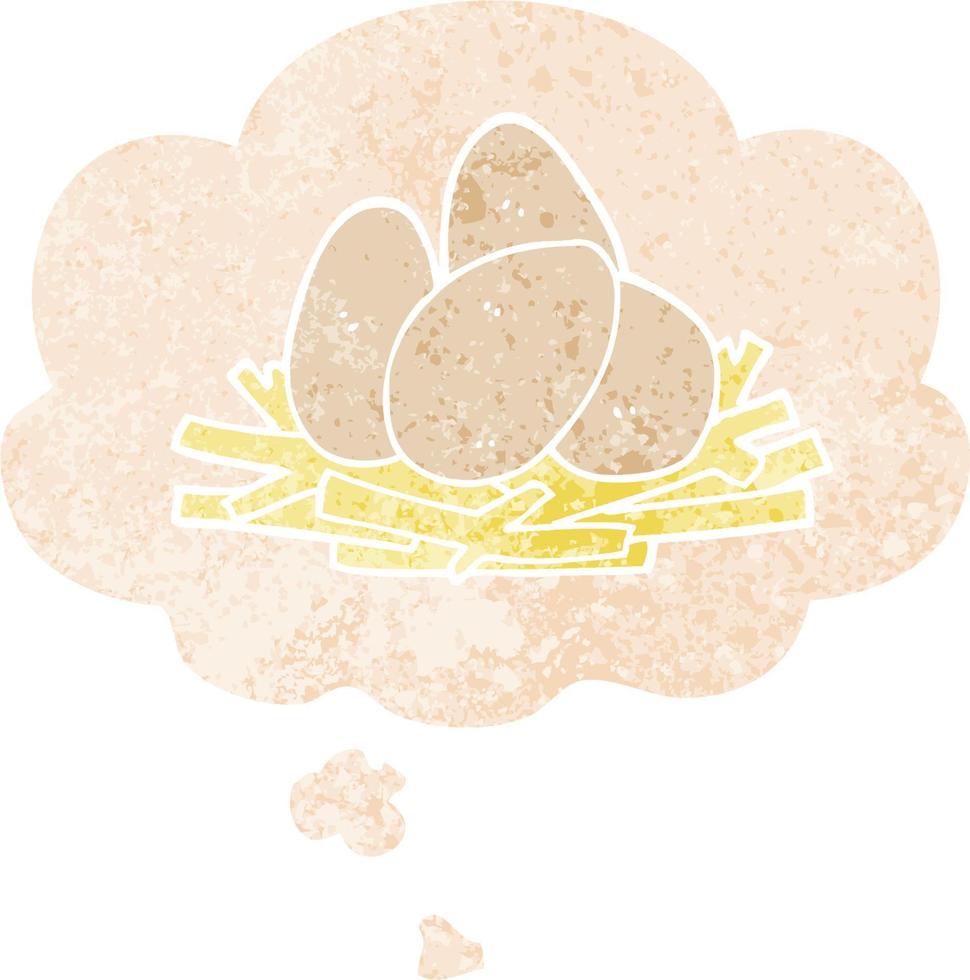 cartoon eggs in nest and thought bubble in retro textured style vector