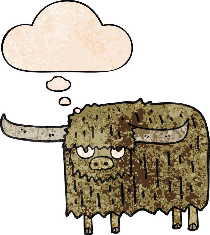 cartoon hairy cow and thought bubble in grunge texture pattern style vector