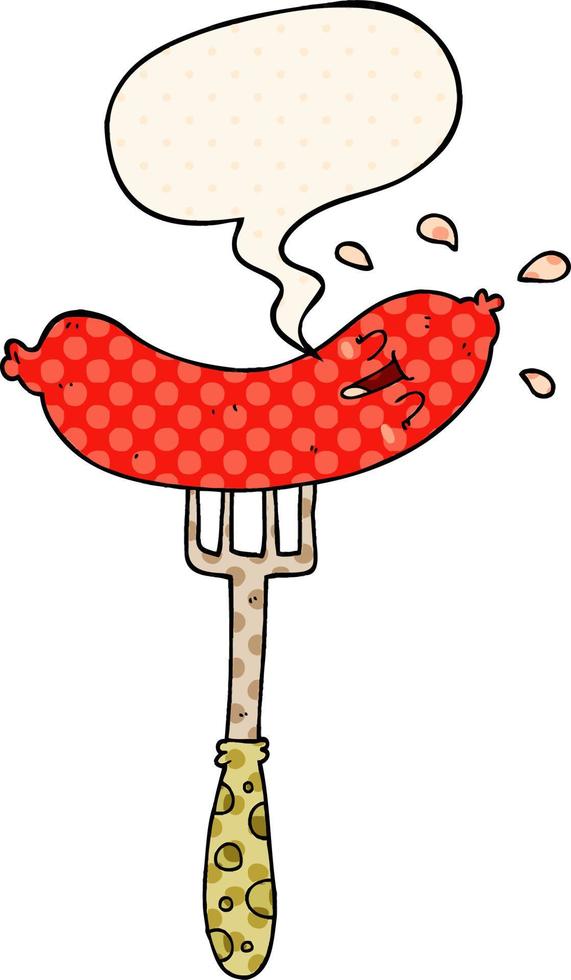 cartoon happy sausage on fork and speech bubble in comic book style vector