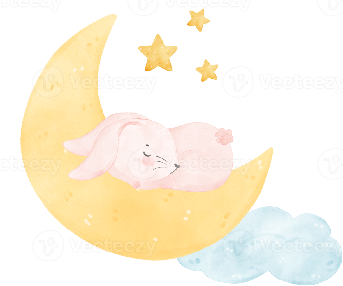 adorable pink rabbit bunny sleeping on crescent watercolor nursery cartoon png