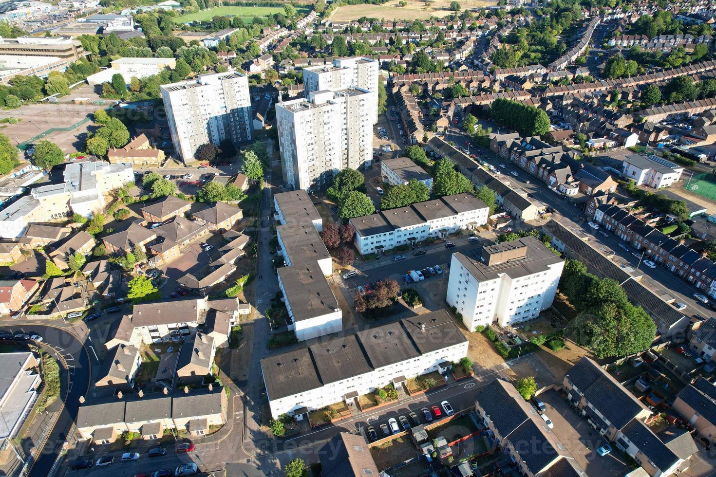High Angle Drone's View of Luton City Center and Railway Station, Luton England. Luton is town and borough with unitary authority status, in the ceremonial county of Bedfordshire photo