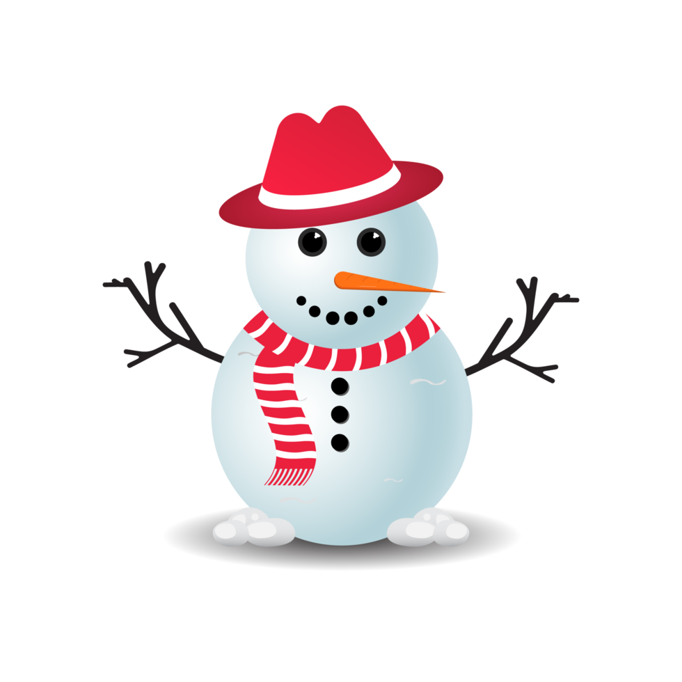 Christmas Snowman PNG with a red hat. Snow falling background with a snowman. Christmas element design with tree branches, a red hat, carrot nose, snowballs, and snowflakes on transparent background.