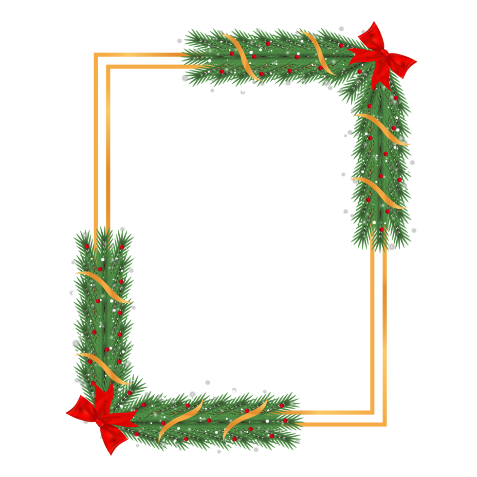 Christmas frame PNG with green pine leaves and red berries. Xmas frame image with golden and red ribbons. Christmas photo frame with snowflakes, lights, and green leaves on a transparent background.