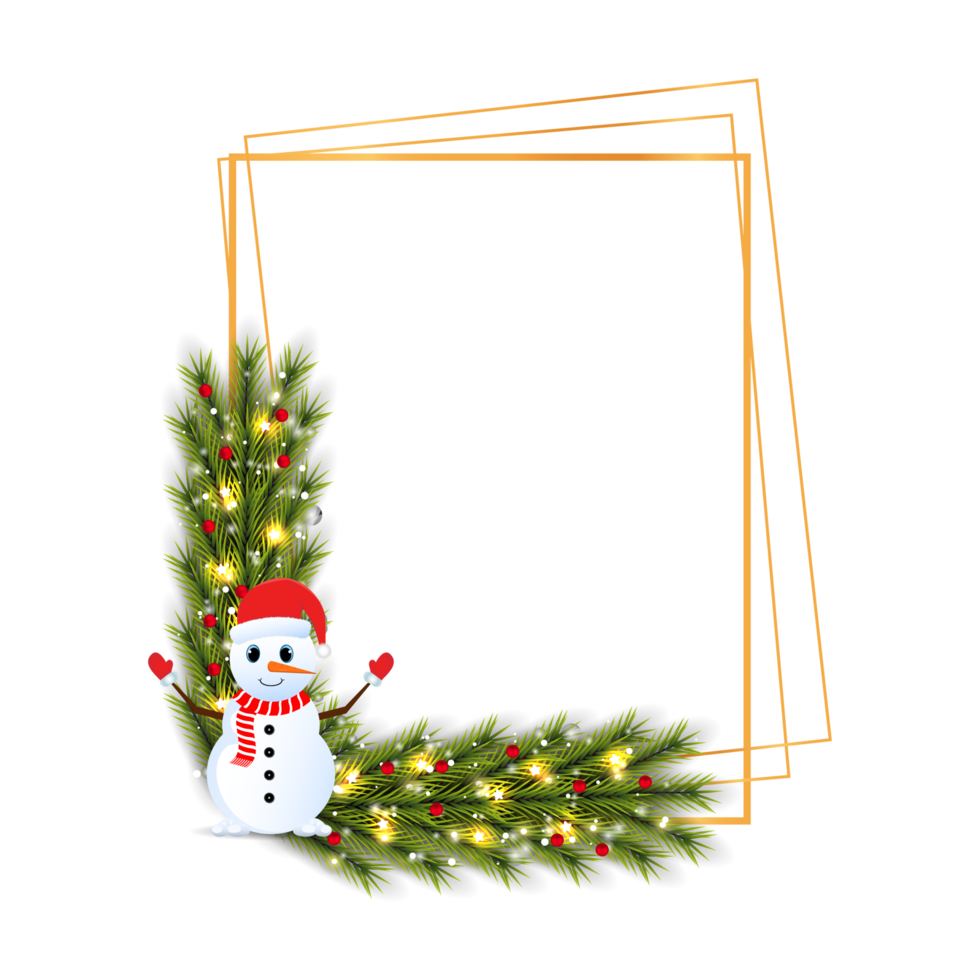 Christmas frame PNG with green leaves on a transparent background. Xmas frame with a snowman wearing a red hat. Xmas frame decoration with star lights PNG image.