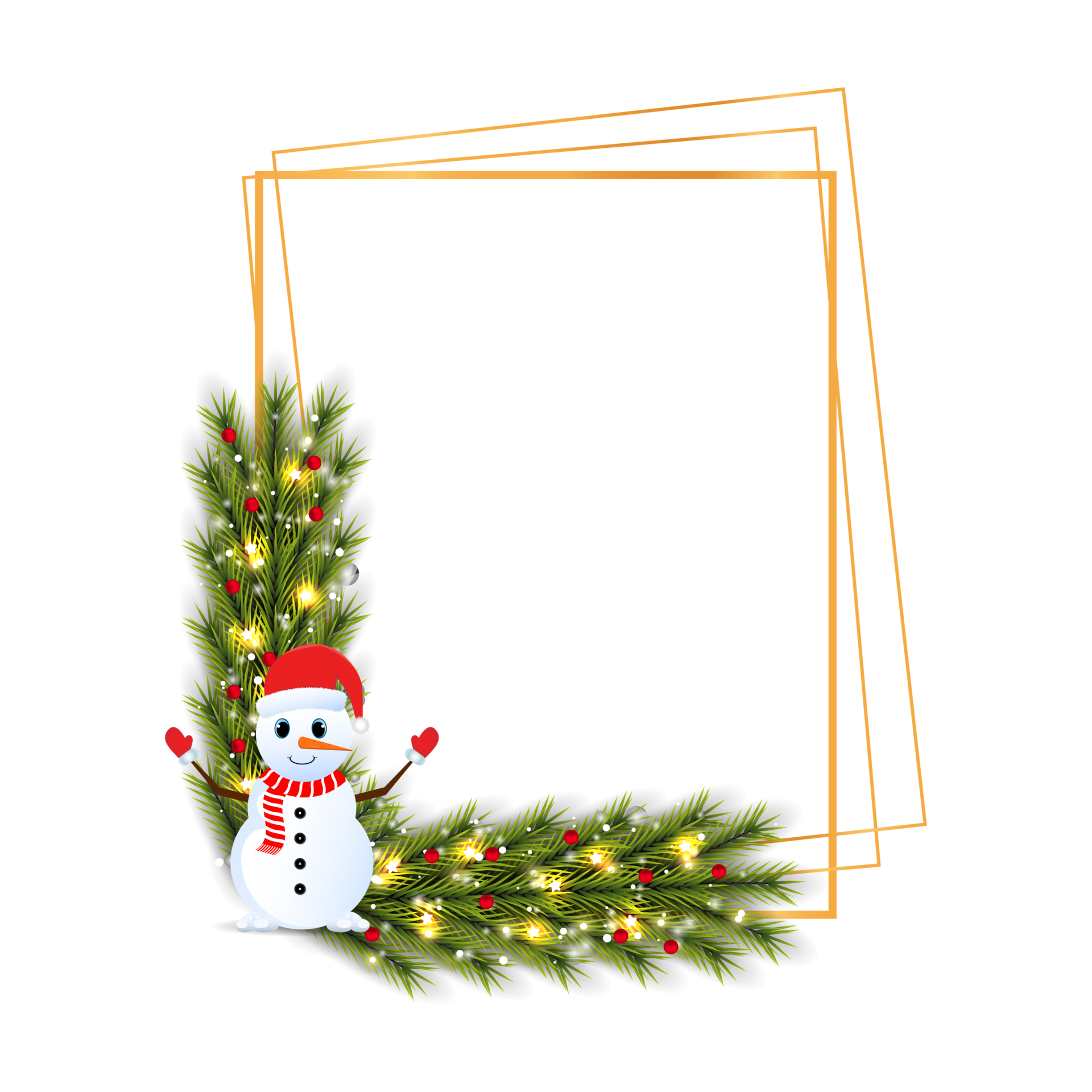 moldura de natal png com folhas verdes em um fundo transparente. moldura de  natal com um boneco de neve com um chapéu vermelho. decoração de quadro de  natal com imagem png de