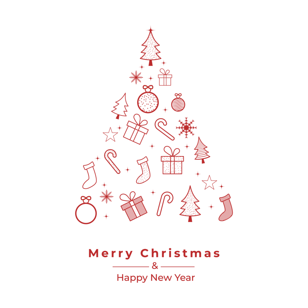 Christmas PNG card design with Christmas tree shape. Xmas white card with red icon elements. Social media banner PNG image on a transparent background.