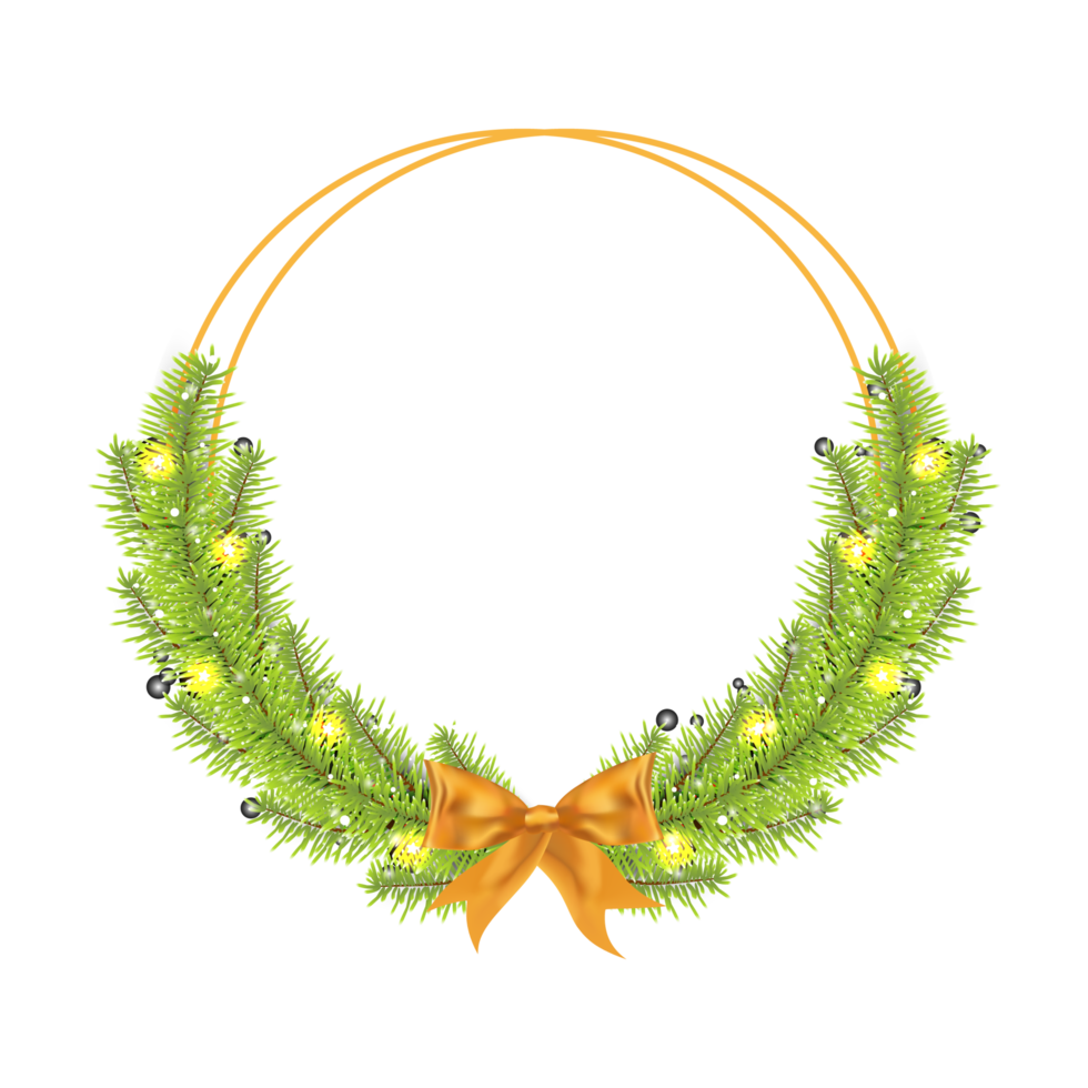 Christmas frame PNG with a golden ribbon and star lights. Christmas golden frame image with pine branches. Xmas round frame decoration on a transparent background.