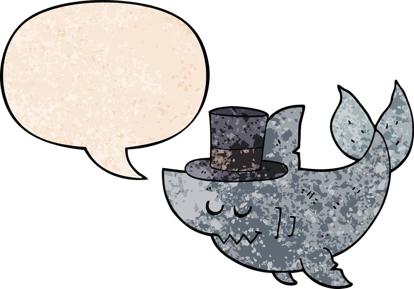 cartoon shark wearing top hat and speech bubble in retro texture style vector