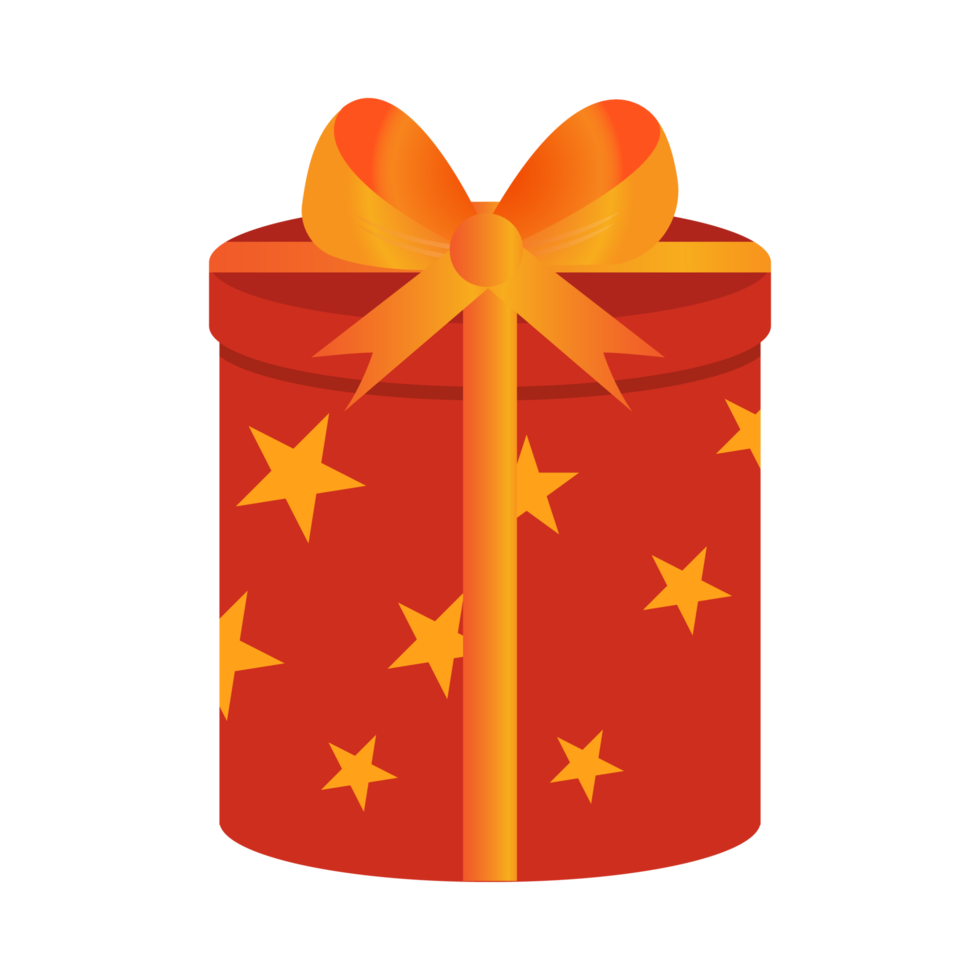 Round gift box PNG image with a dark red color wrap paper and orange color ribbon. Christmas gift PNG on a transparent background. Gift images for Birthdays, anniversaries, or Christmas events design