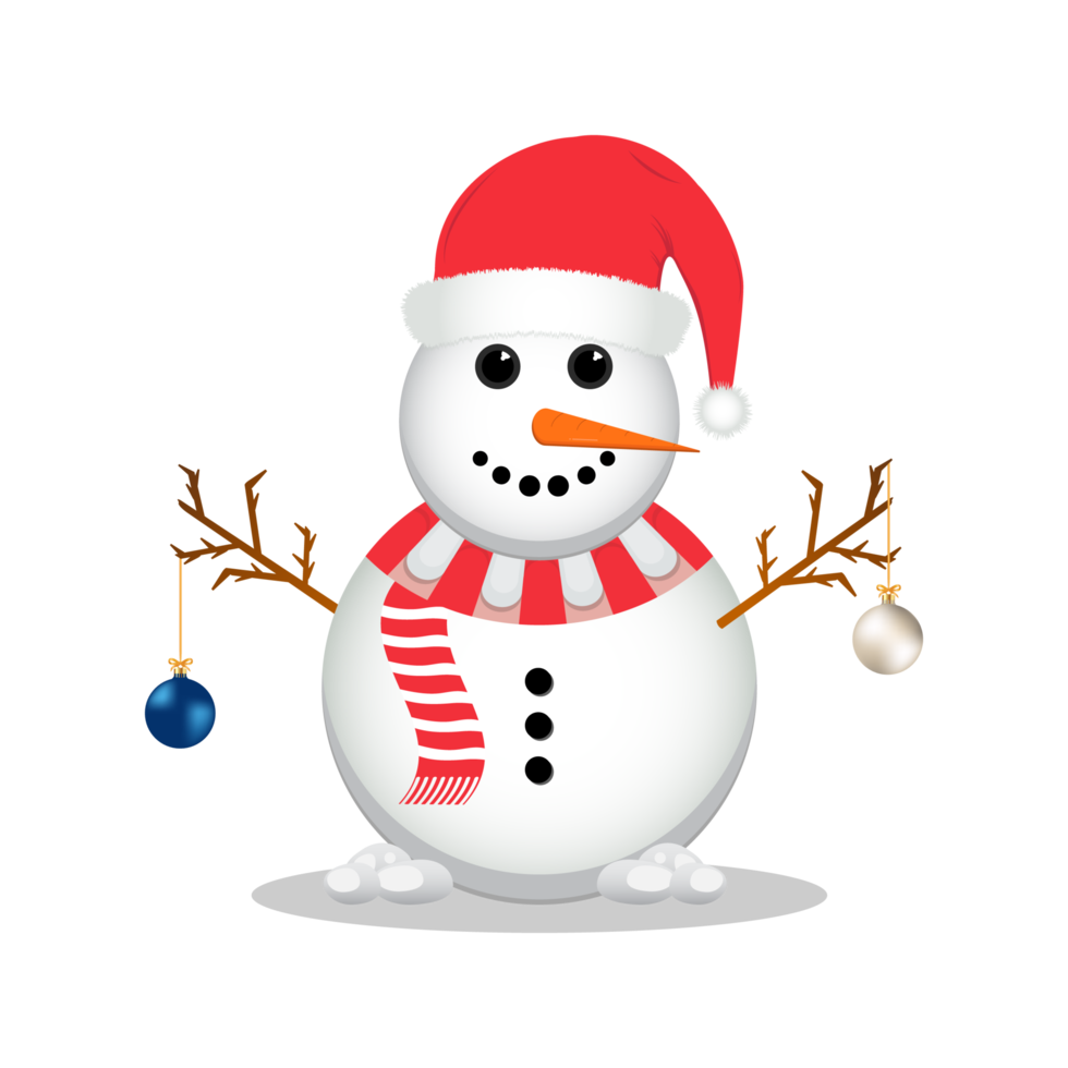Christmas Snowman PNG with a Santa hat. A Snowman image with decoration balls on transparent background. Christmas element design with blue and white decoration balls, carrot nose, and snowballs.