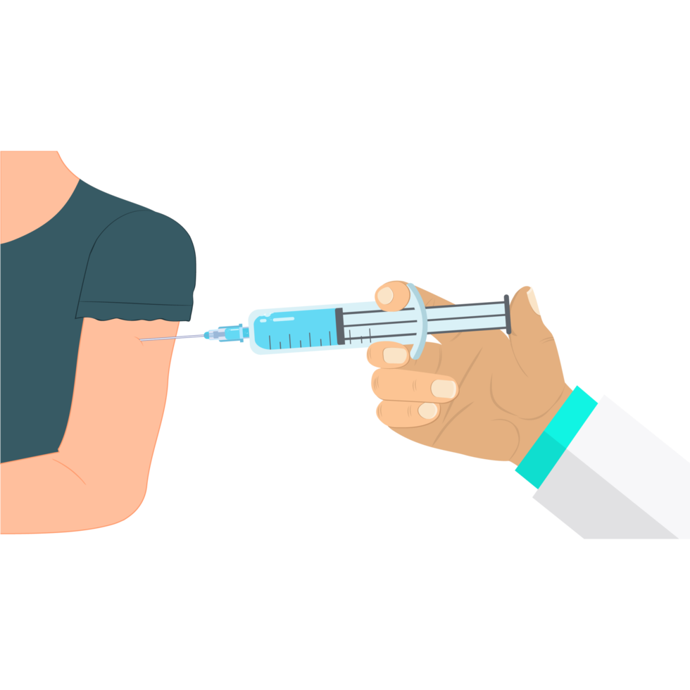 A Doctor gives a vaccine syringe to a patient PNG design. A doctor uses a syringe to give the vaccine to a patient, a PNG image. Vaccination campaign cartoon on transparent background.
