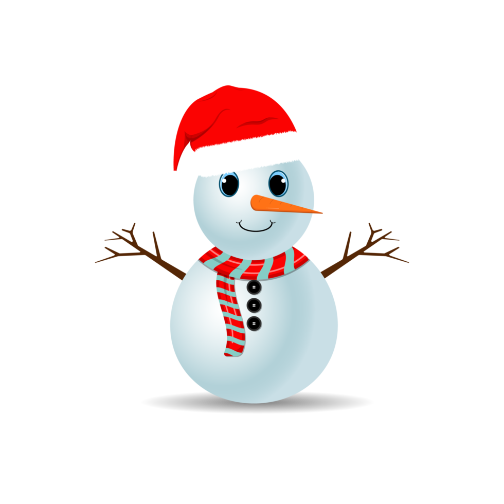 Christmas Snowman PNG with a red scarf and hat. Snowman image with tree branches. Snowman with cute eyes, carrot nose, and a Santa hat.