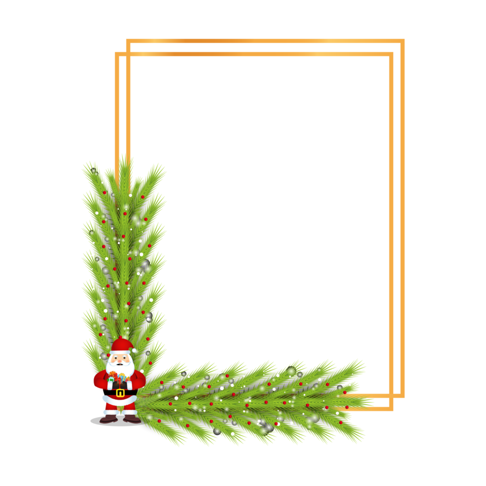 Christmas frame PNG with green leaves on a transparent background. Xmas frame image with a Santa Claus and red berries. Christmas background decoration with a golden frame elements.