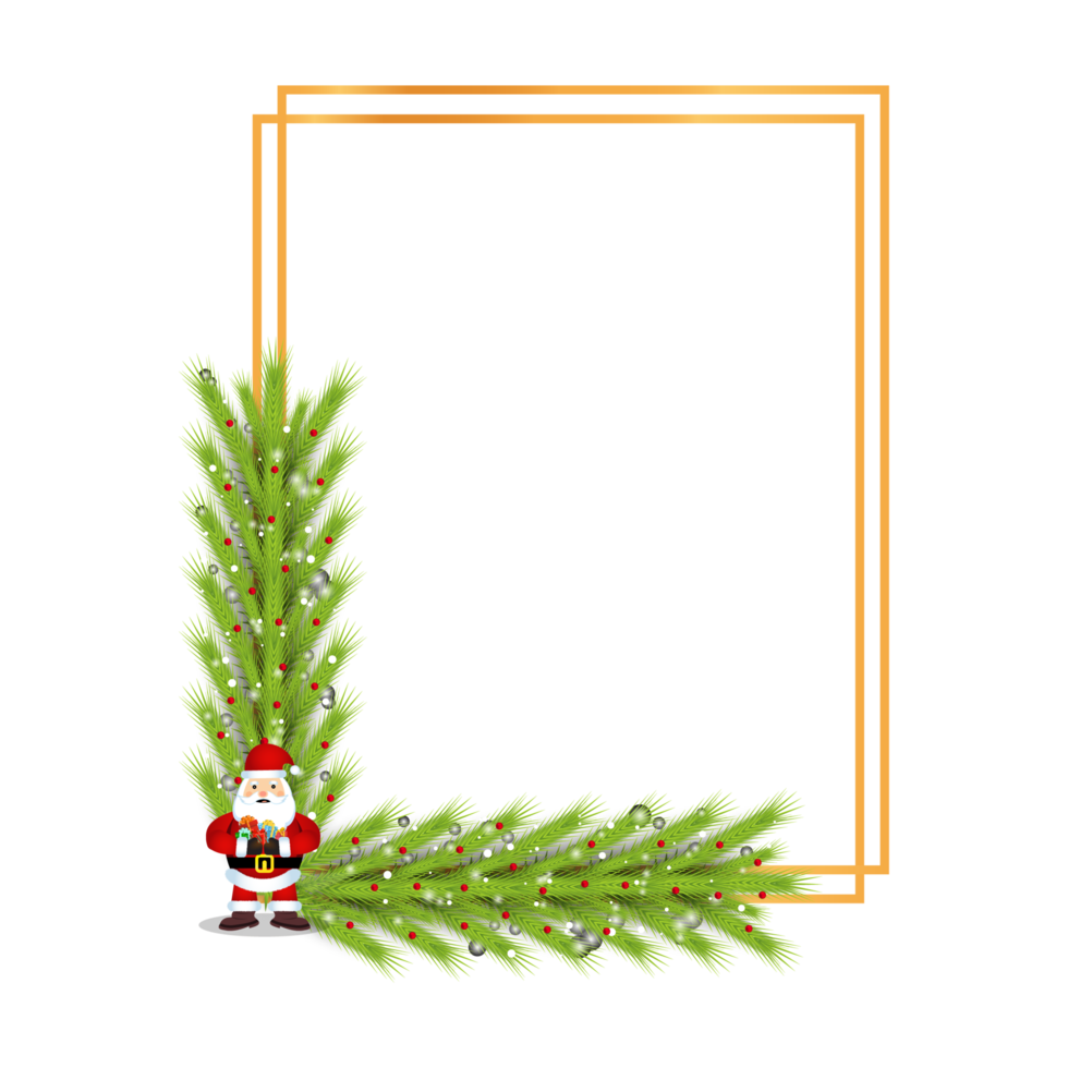 weihnachtsrahmen png mit grünen blättern auf einem transparenten hintergrund. Weihnachtsrahmenbild mit einem Weihnachtsmann und roten Beeren. weihnachtshintergrunddekoration mit goldenen rahmenelementen.