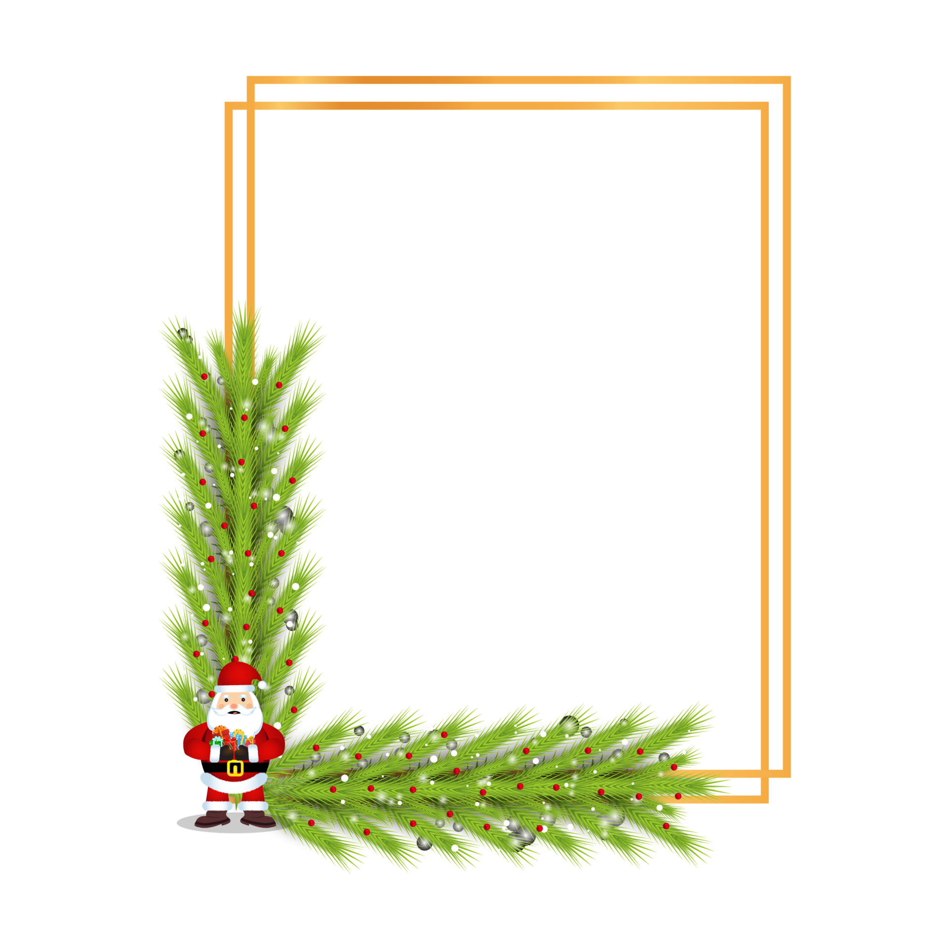Free Christmas frame PNG with green leaves on a transparent background. Xmas  frame image with a Santa Claus and red berries. Christmas background  decoration with a golden frame elements. 10263602 PNG with