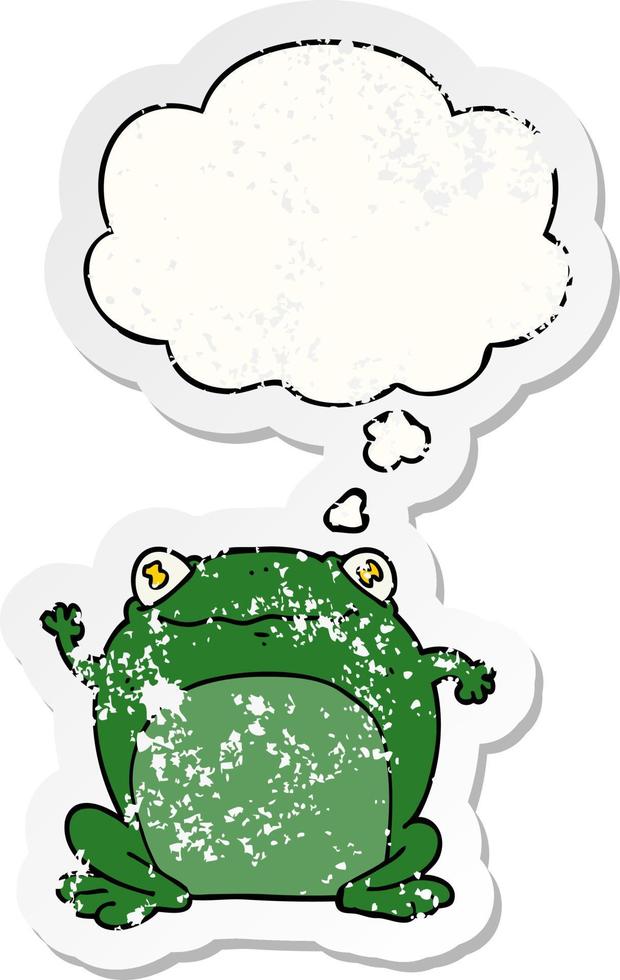 cartoon frog and thought bubble as a distressed worn sticker vector