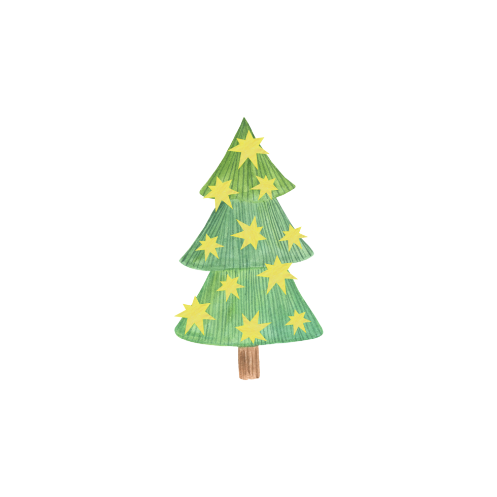 Simple watercolor green Christmas tree decorated with stars in simple cute cartoon style png