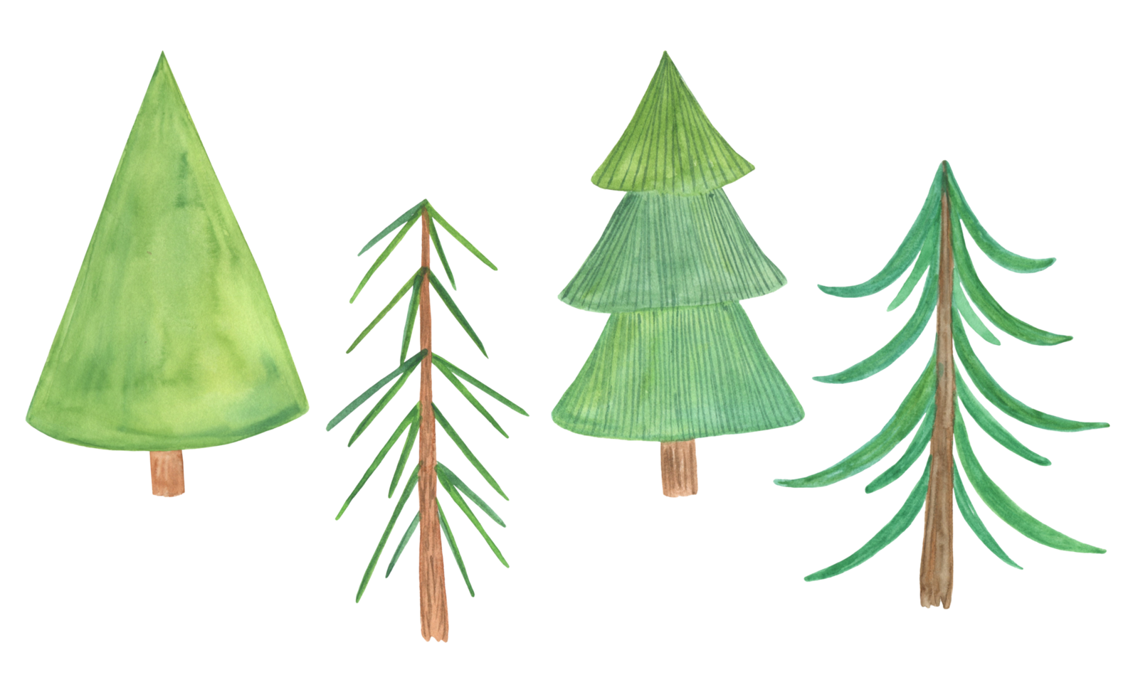 Simple watercolor green Christmas tree set in simple cute cartoon style, decorative evergreen forest tree collection, winter holiday elements useful for end of the year celebrations design png