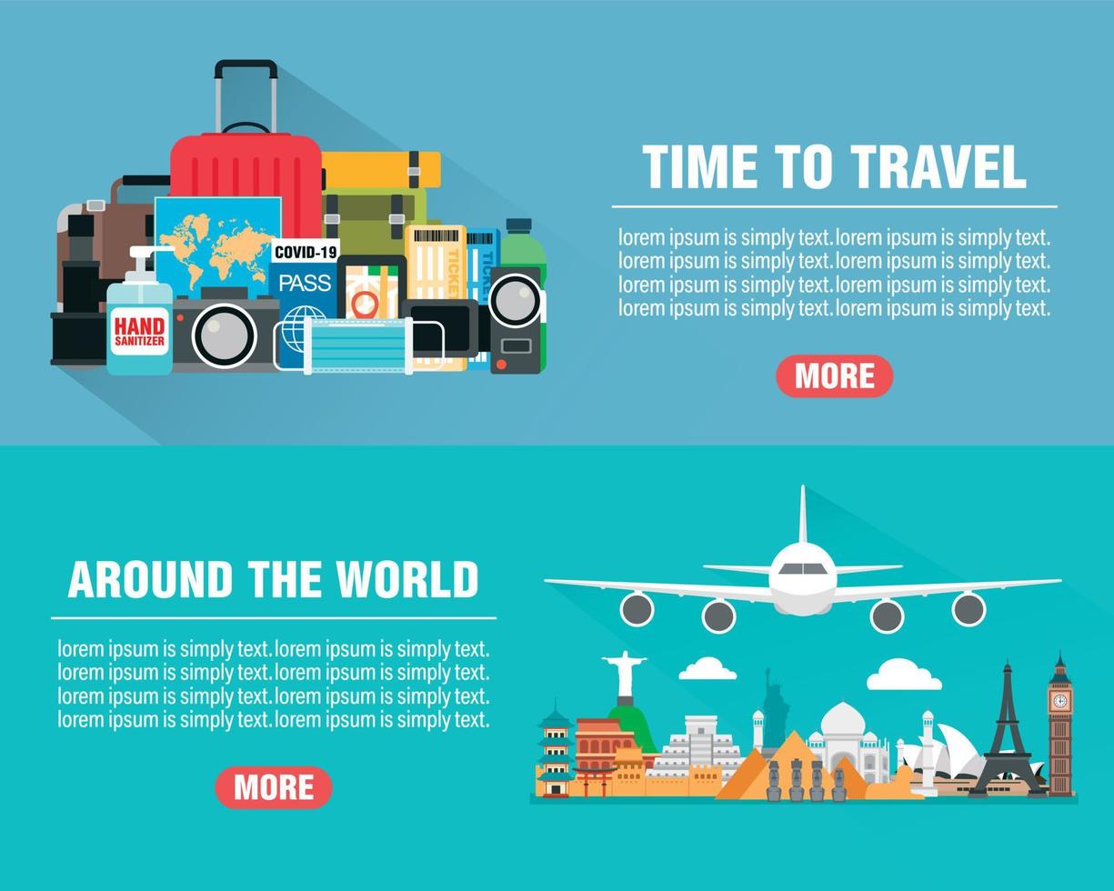 Around the world. Time to travel concept design flat banners set with plane. Travel composition with famous world landmarks vector