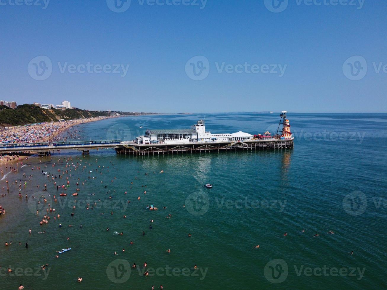 High Angle Sea View Beach Front with People at Bournemouth City of England UK, Aerial Footage of British Ocean photo