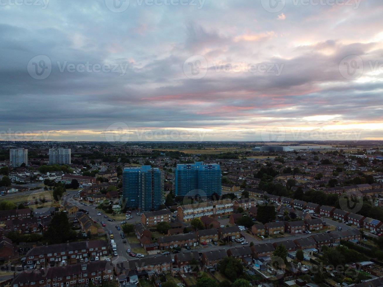 High angle aerial view of Luton City of England at Sunset Night. photo