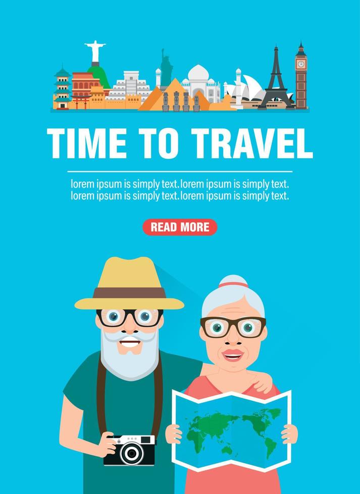 Old couple in travel. Journey of grandparents concept design flat banner vector