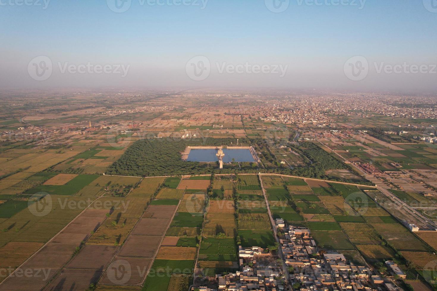 High Angle Aerial View of Historical Mughals Hiran Minar and village of Sheikhupura Pakistan photo