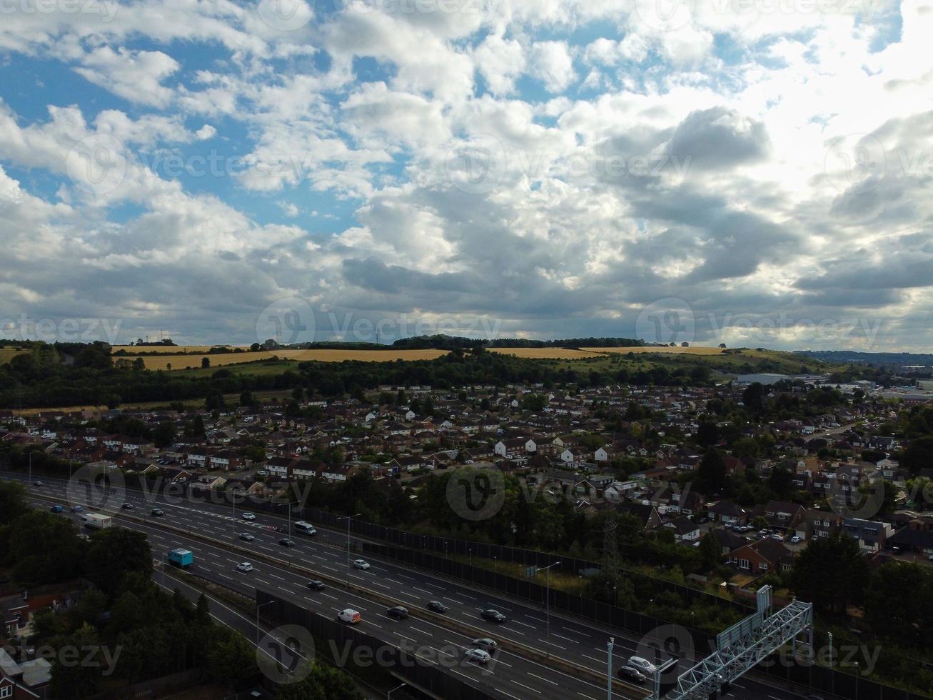 High Angle Aerial view of British Roads and High Speed Motorways at Luton City of England UK photo