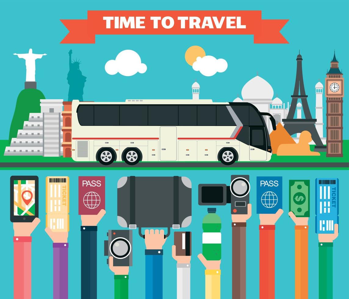 Time to travel flat design with tourist bus. Summer holiday vector