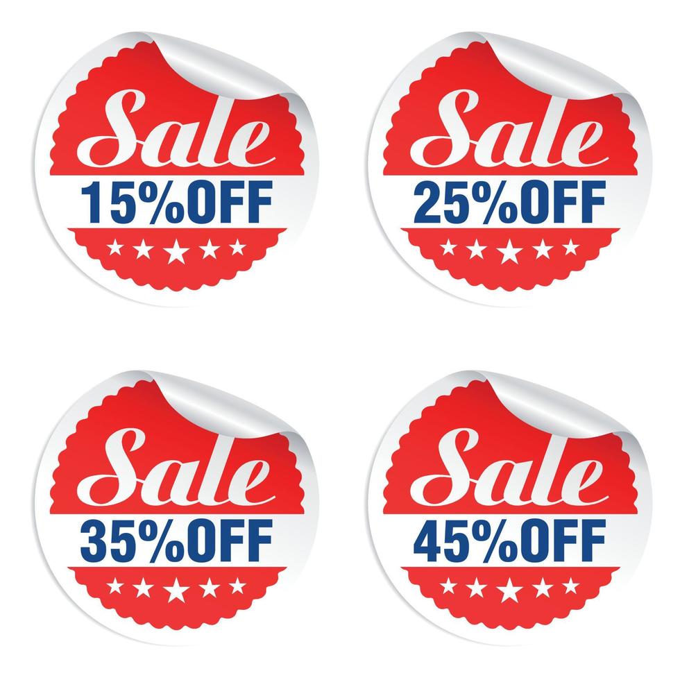 Discounts sale stickers set 15, 25, 35, 45 percent off with stars vector