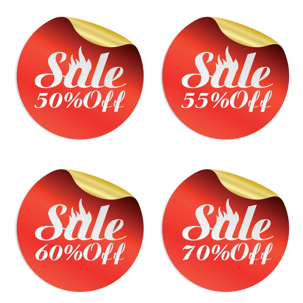 Red, gold fire sale stickers set 50, 55, 60, 70 percent off vector