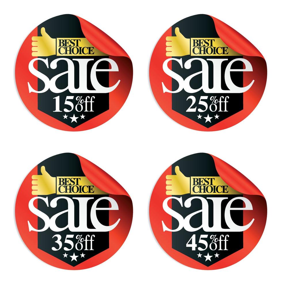 Red sale stickers with black ribbon 15,25,35,45 percent off vector