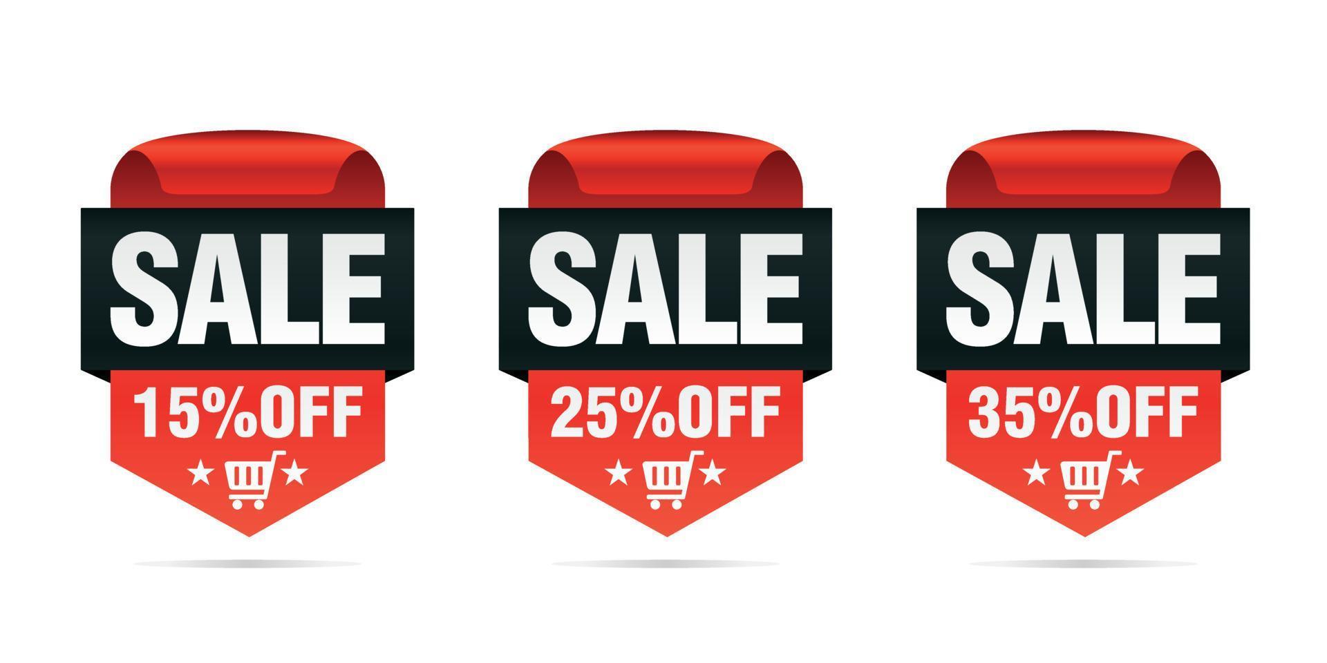 Red set of sale badges 15, 25, 35 percent off with shopping cart vector