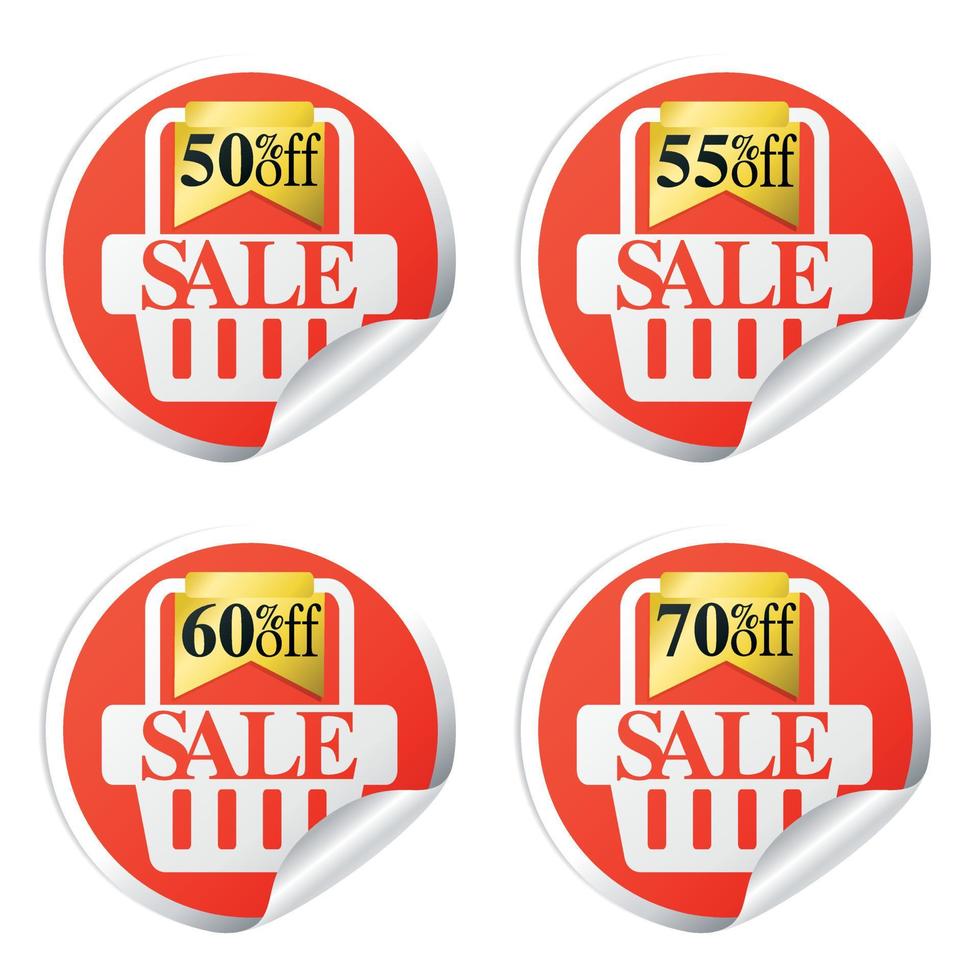 Sale stickers with shopping basket 50,55,60,70 percent off vector